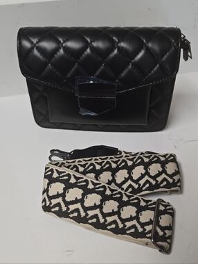 Black Quilted Crossbody Bag with Patterned Strap